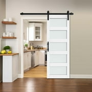 Dextrus 30"x 84" Sliding Barn Door, Single Track Sliding Barn Door with Frosted Glass Panels, Hardware Kit and Handle for Interior & Exterior Use, White