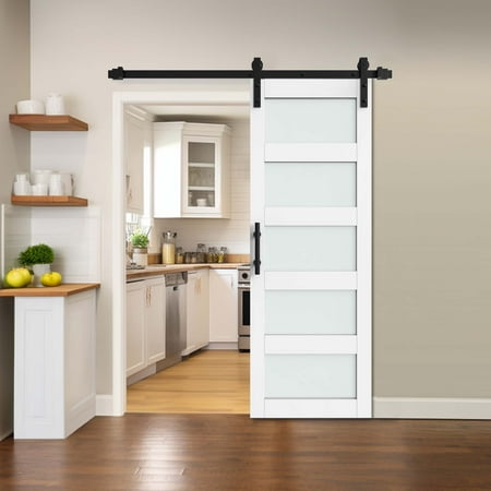Dextrus 30"x 84" Sliding Barn Door, Single Track Sliding Barn Door with Frosted Glass Panels, Hardware Kit and Handle for Interior & Exterior Use, White