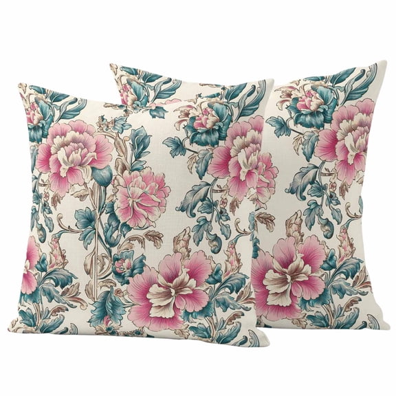 Outdoor Waterproof Pillow Covers Watercolor Pink Flower Green Leaf on Vintage Decorative Throw Pillow Protectors,Pillowcase Cushion Cases for Patio Sofa Garden Couch,16x16in,Pack of 2