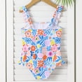 thumbnail image 4 of Rggeeun Girls Toddler One-Piece Colorful Floral & Leaves Pattern Wide Straps Square Neck U-Back Elastic with Ruffle for Summer Beach Play Fashion Bathing Suit,Pink,5 Years, 4 of 6
