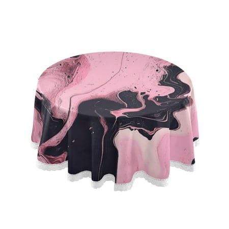 

60 Round Tablecloth with White Lace Trim Wrinkle & Heat-Resistant Table Cover for Dining and Home Decor Marble Pattern Pink and Black
