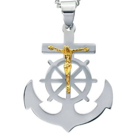 Jewelry Men's Stainless Steel Cross Anchor with Gold Tone Jesus with