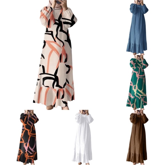 SONXAHE Abstract Print Maxi Dress For Women Bubble Long Sleeve Ruffle Hem Modest Daily Long Dress