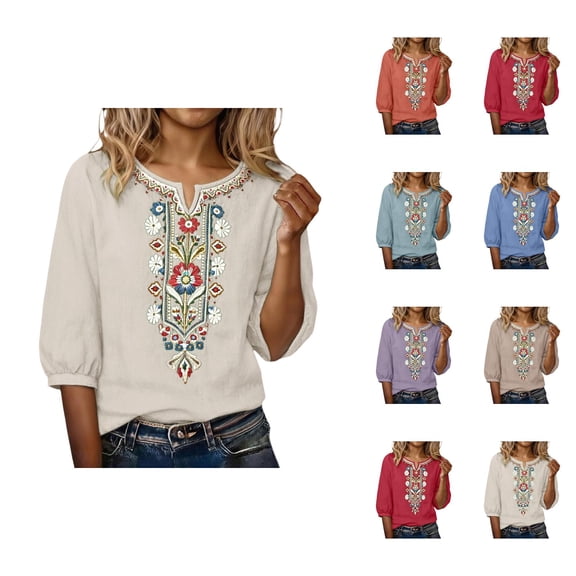 Vintage Boho Embroidered T Shirts for Women 2026 Summer Casual Elbow Sleeve Cotton Linen V Neck Lightweight Tee Shirt