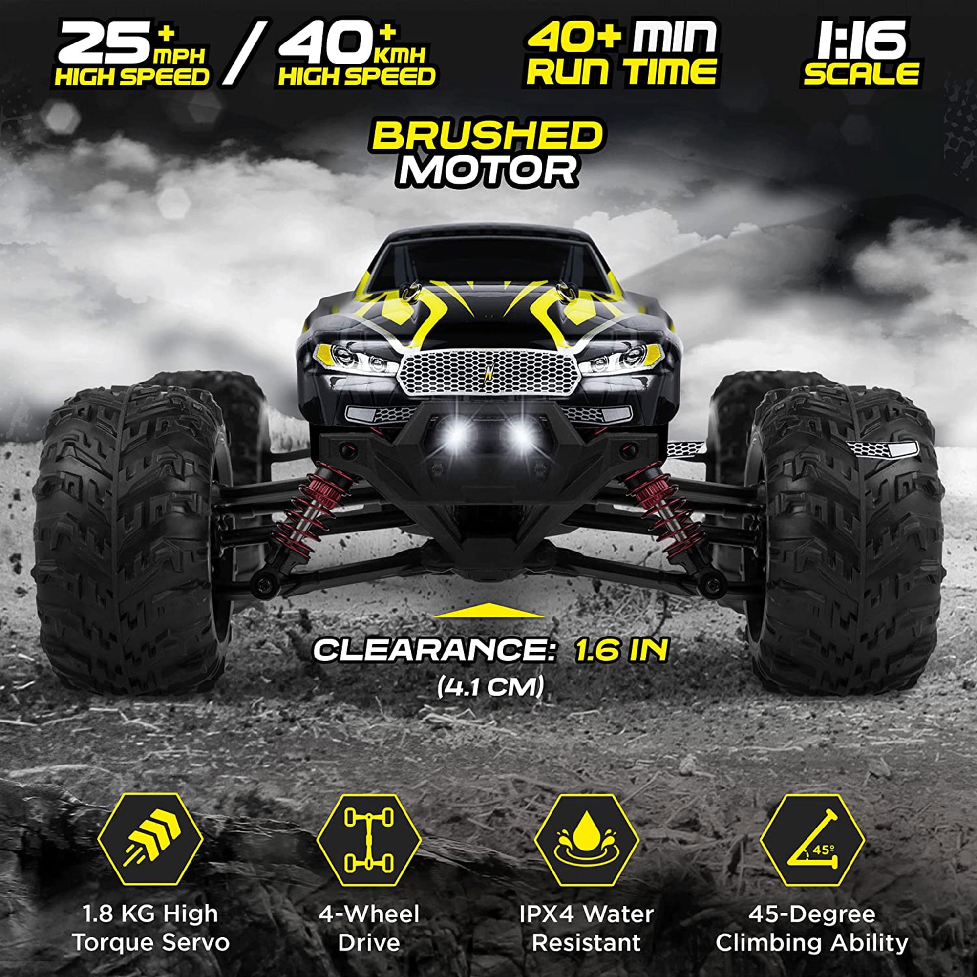 LAEGENDARY Sonic 1:16 Scale RC Off-Road Car, Up to 25 MPH, Black/Yellow