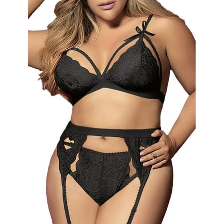 

YAGHYAGH Womens Bralette Lace Bra Thong Three Pieces Lingerie Set Plus Size