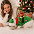 thumbnail image 3 of Green Christmas Elf Dog Costume with Matching Pointed Hat, Fabric Holiday Pet Outfit with Red Collar and Belt Detail for Small Dogs and Cats, Size XS, 3 of 7