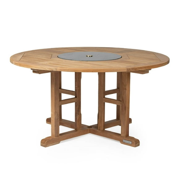 Ash & Ember Grade A Teak 59" Round Dining Table with Granite Lazy Susan, Turntable Rotating Tray Serving Plate, Slatted Surface with Umbrella Hole