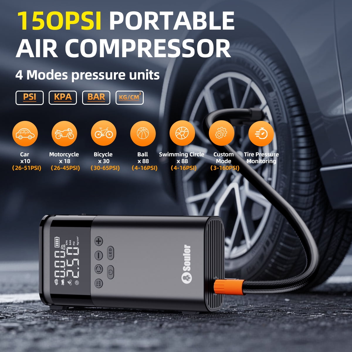 Jump Starter with Air Compressor, 4000A Battery Jump Starter (for 5.0L Gas or Up to 3.5L Diesel),150PSl Digital Tire Inflator with Emergency Light