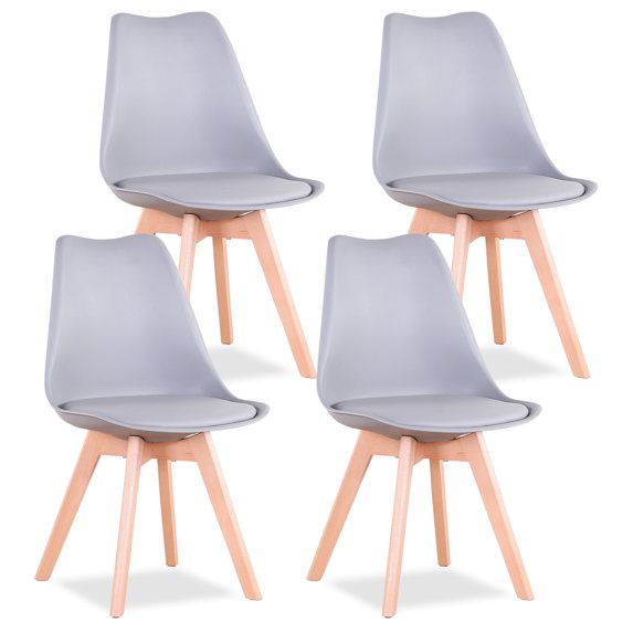 Set of 4 Dining Chair Mid Century Modern Shell PU Seat W/ Wood Leg-Grey