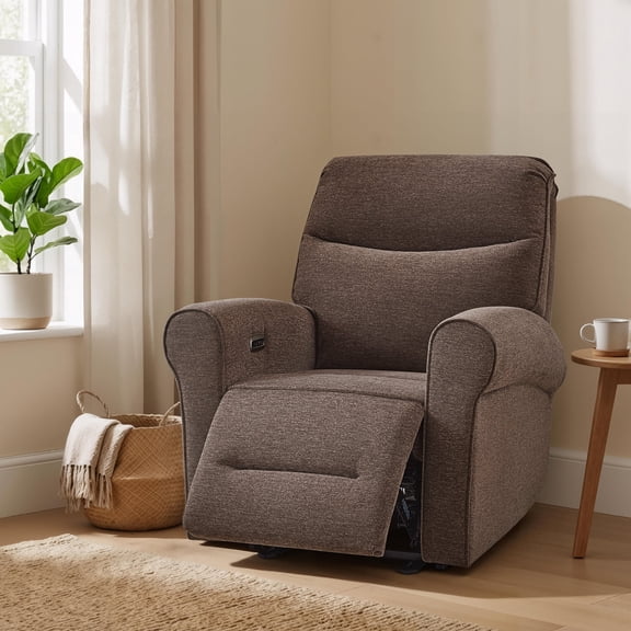 MCombo Small Wall Hugger Power Recliner Chair for Small Space RV Living Room, , Modern Roll Arm Recliner, Fabric, Dark Brown
