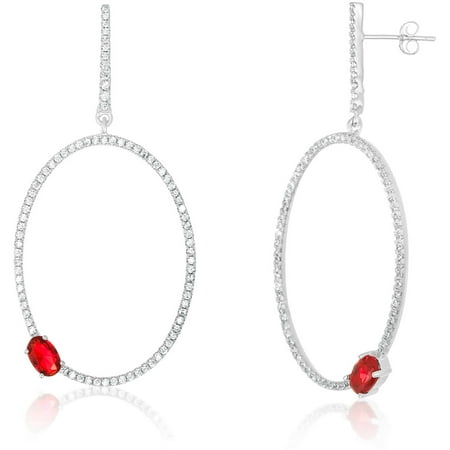 Women's Sterling Silver Rhodium Oval Post Earrings with Ruby and Clear Cubic Zirconia