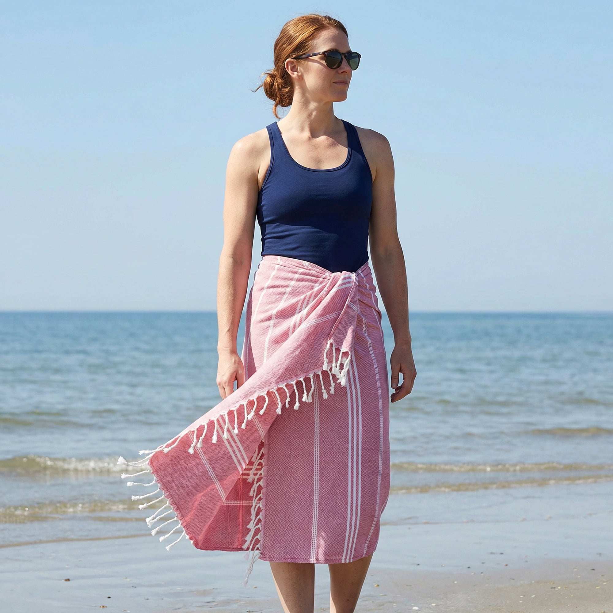 Unique Bargains Stripe Turkish Quick Dry Beach Towel 2 Pack Rose Red/Green 71"x35"