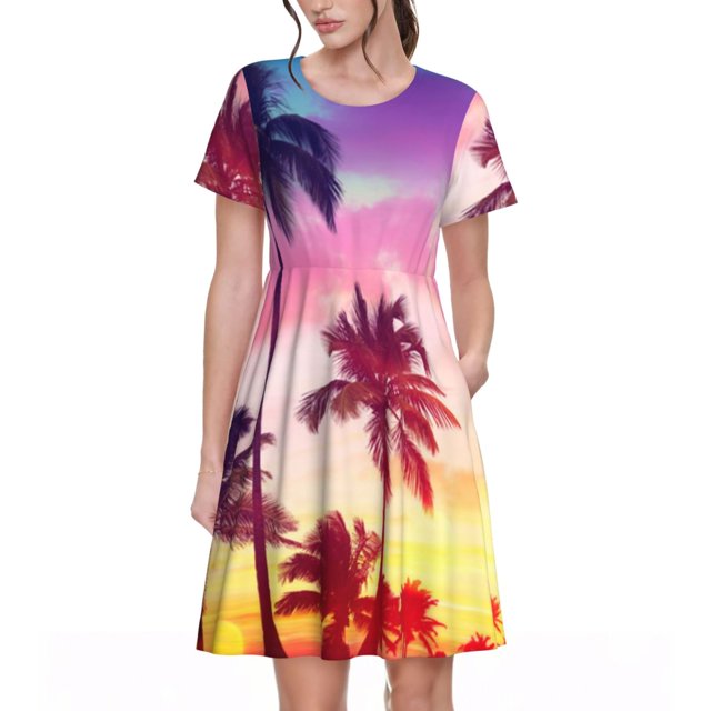 Balery Tropical Palm Tree at Sunset Vestidos sueltos de manga corta para mujer, vestidos de verano 2025, vestidos casuales de corte A con vuelo.