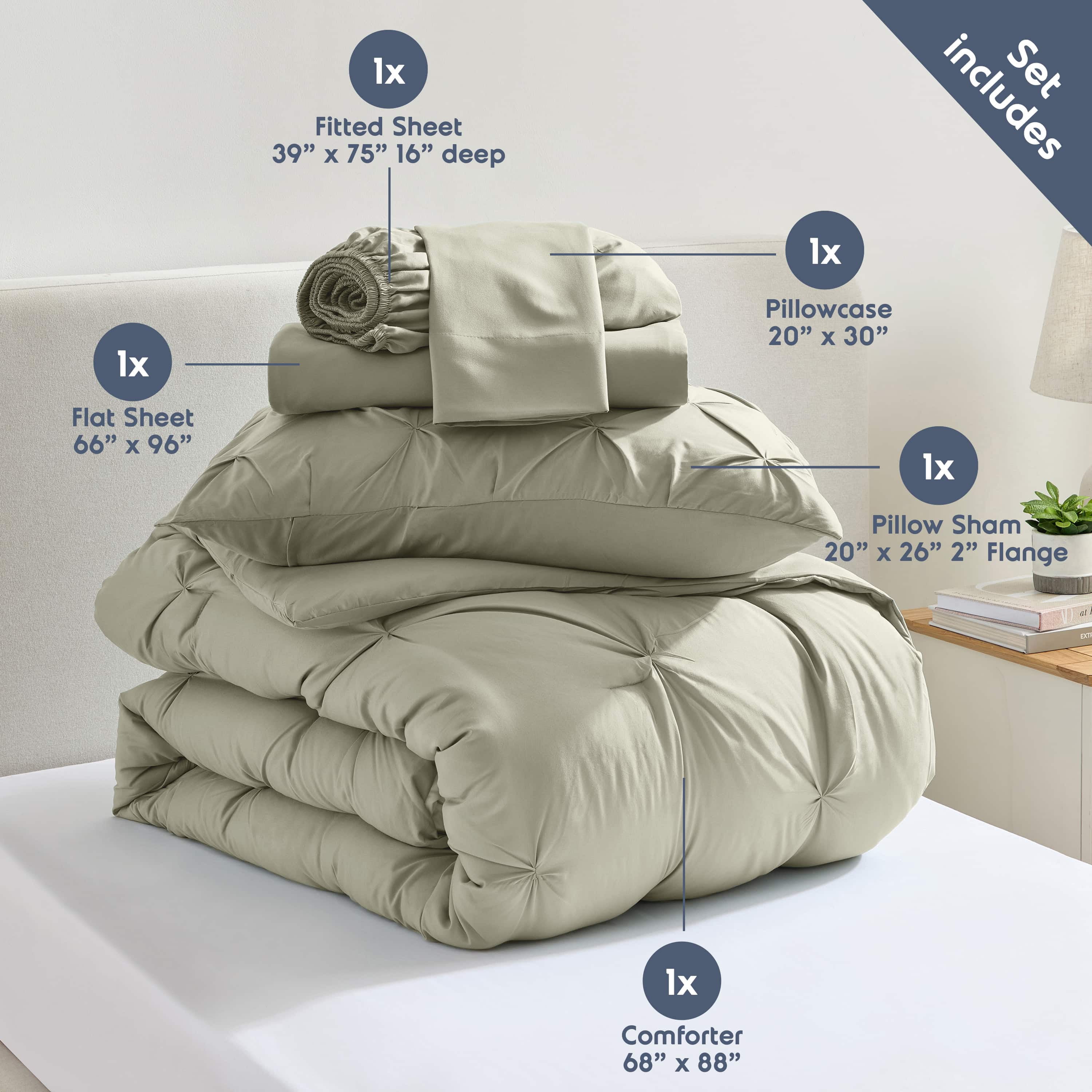 LammaLoe Twin Comforter Sets, 5 Piece Bed In A Bag Pintuck Bedding Sets, Light Sage