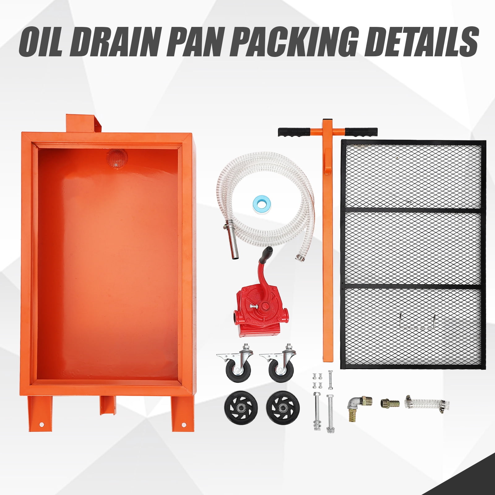 COZONY 15 Gallon Low Profile Oil Drain Pan w/ Folding Handle & Wheels, Oil Change Pan w/ 8FT Hose&Manual,Orange