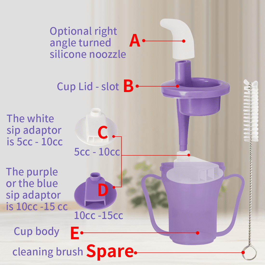 Ehucon Sippy Drinking Cups for Dysphagia FDA Plastic+Silicone 5CC or 10CC, Purple
