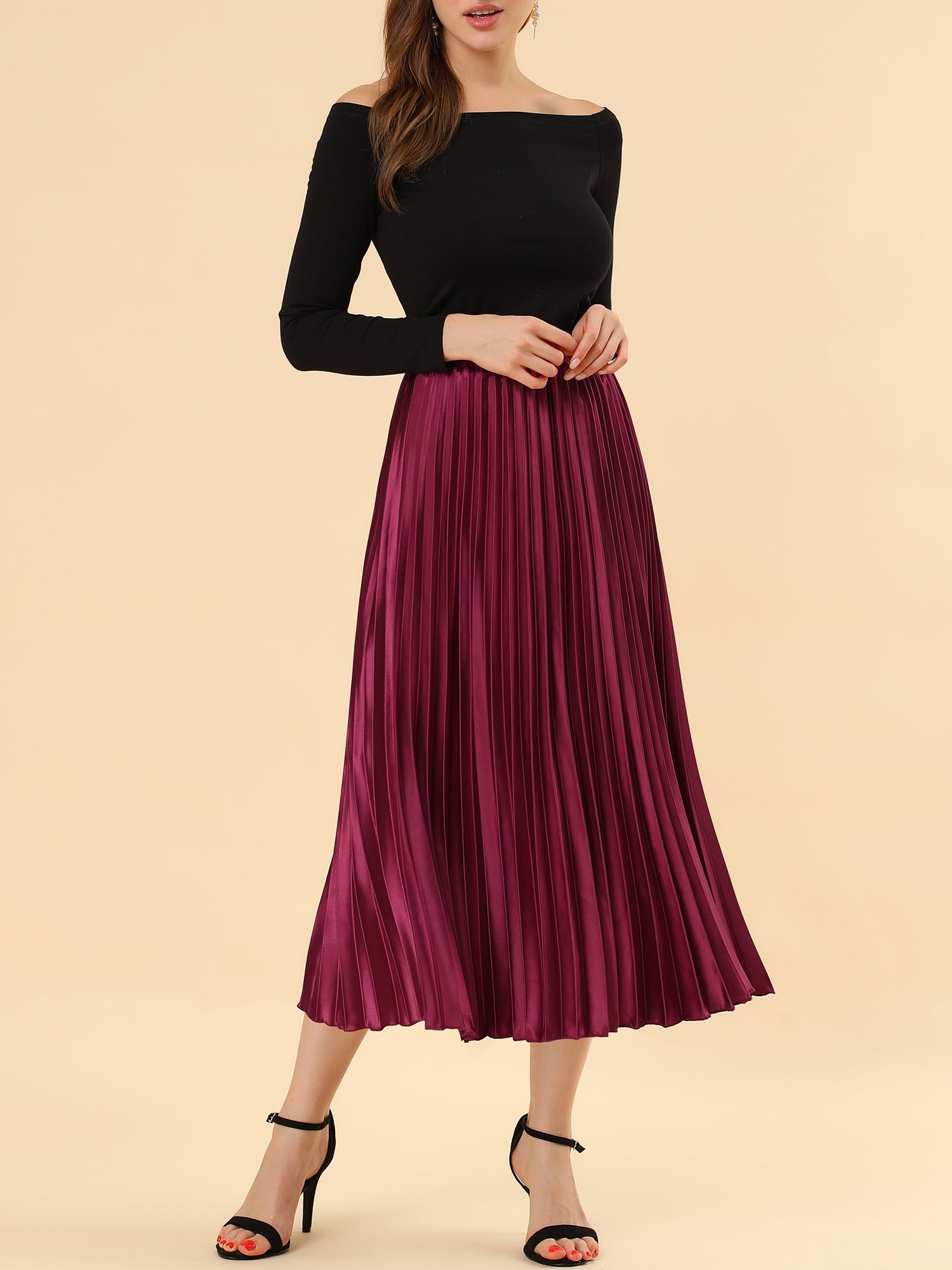 DARING DIVA Women's A-line High Waist Pleated Midi Skirt XS Burgundy