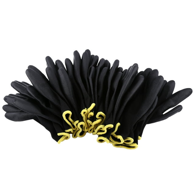 Guantes de trabajo de seguridad de nailon PU de color negro con revestimiento de palma y tira amarilla (S)