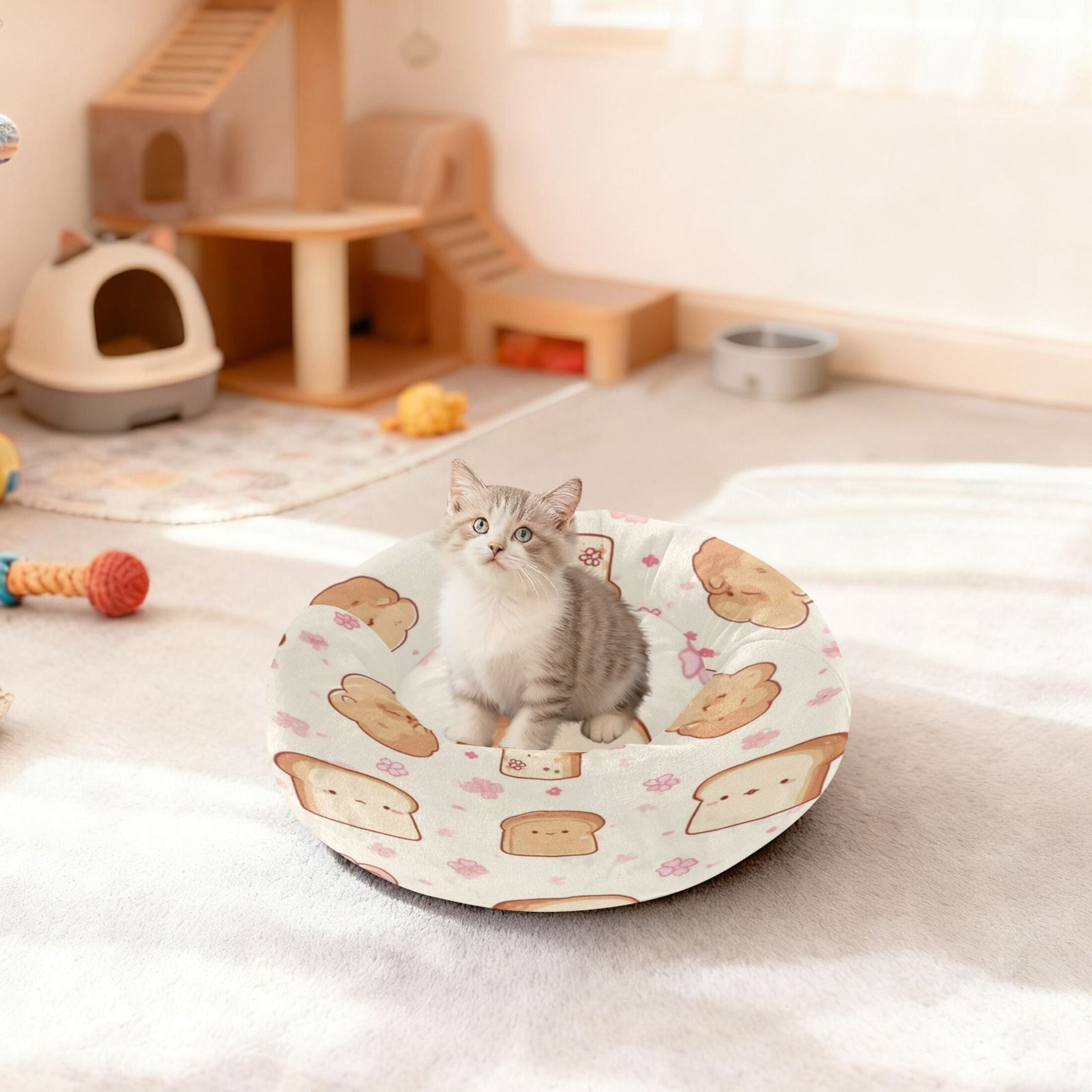 Iauyy Pet Couch Donut Cat Bed for Indoor Cats/Small Dogs Washable & Machine with Non-slip Bottom Calming Cat Furniture, Cartoon Bread Man (S)