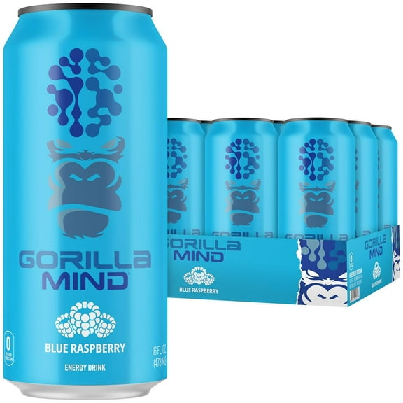 Gorilla Mind Energy Drink, Blue Raspberry, 16 fl oz Cans, Zero Sugar, Nootropic Performance Beverage, 12 Pack