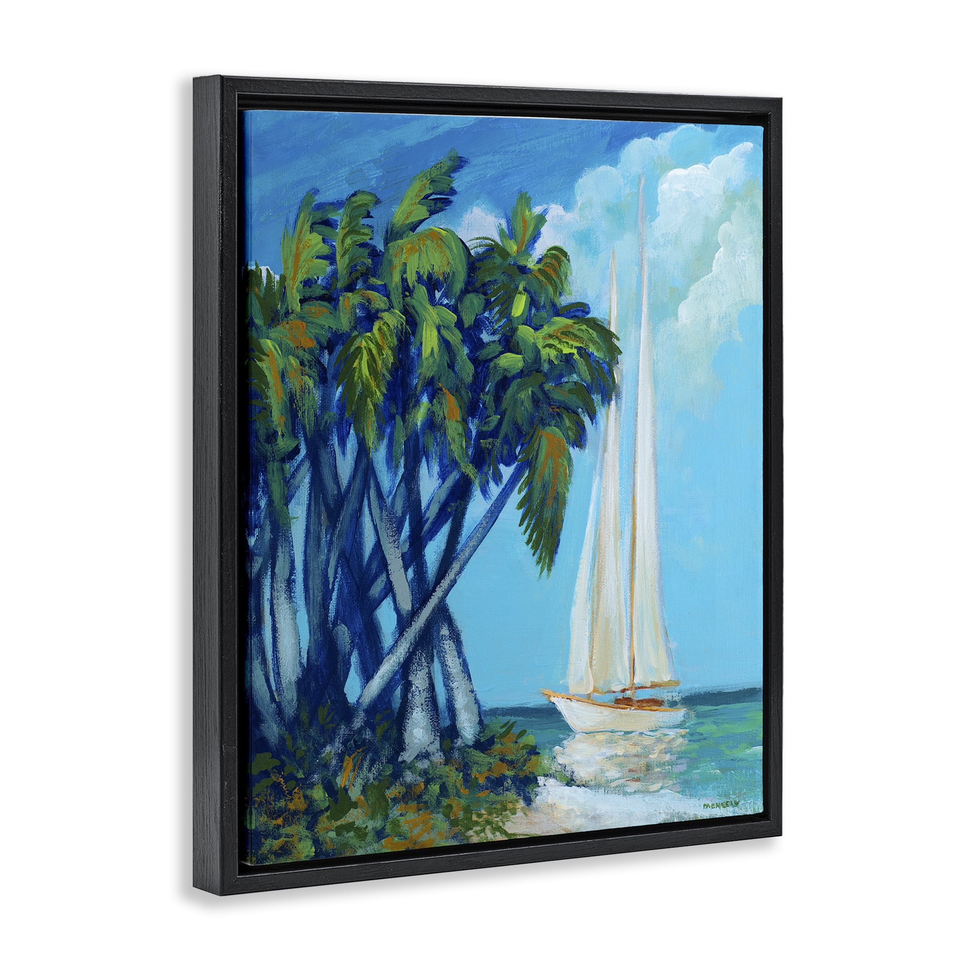 Stupell Industries Sailboat & Twisted Palms Black Framed Floater Canvas Wall Art, design by Dan Meneely