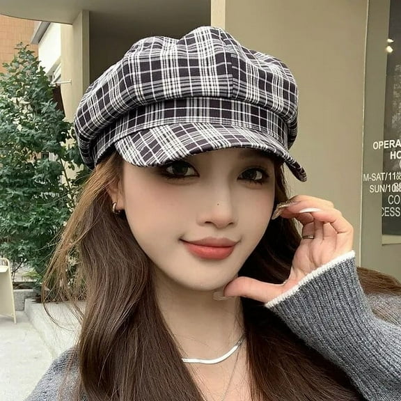 SikaFu New Retro Literary Plaid Octagonal Hat Spring and Autumn Casual Simple Newsboy Hats Women Versatile Beret Gorras