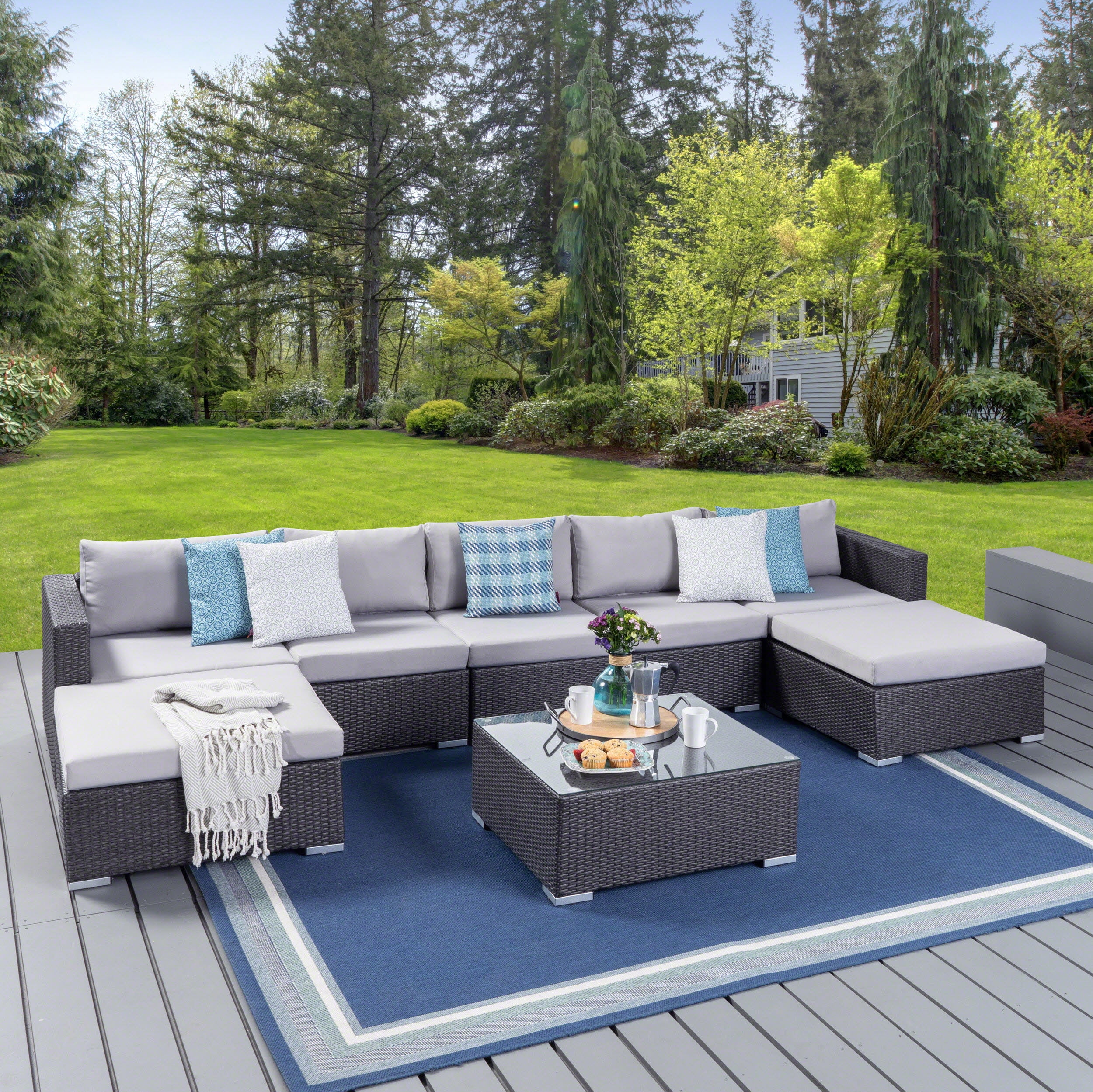 Outdoor 5 Seater Wicker Sectional Sofa Set with Cushions with Cushions,Grey,Silver