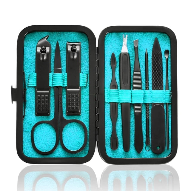 HANTEKAS Set de manicura 9 en 1 de acero inoxidable, cortaúñas, tijeras, kit de herramientas de pedicura, kit de aseo de viaje portátil para hombres y mujeres con estuche de cuero negro/azul (azul)