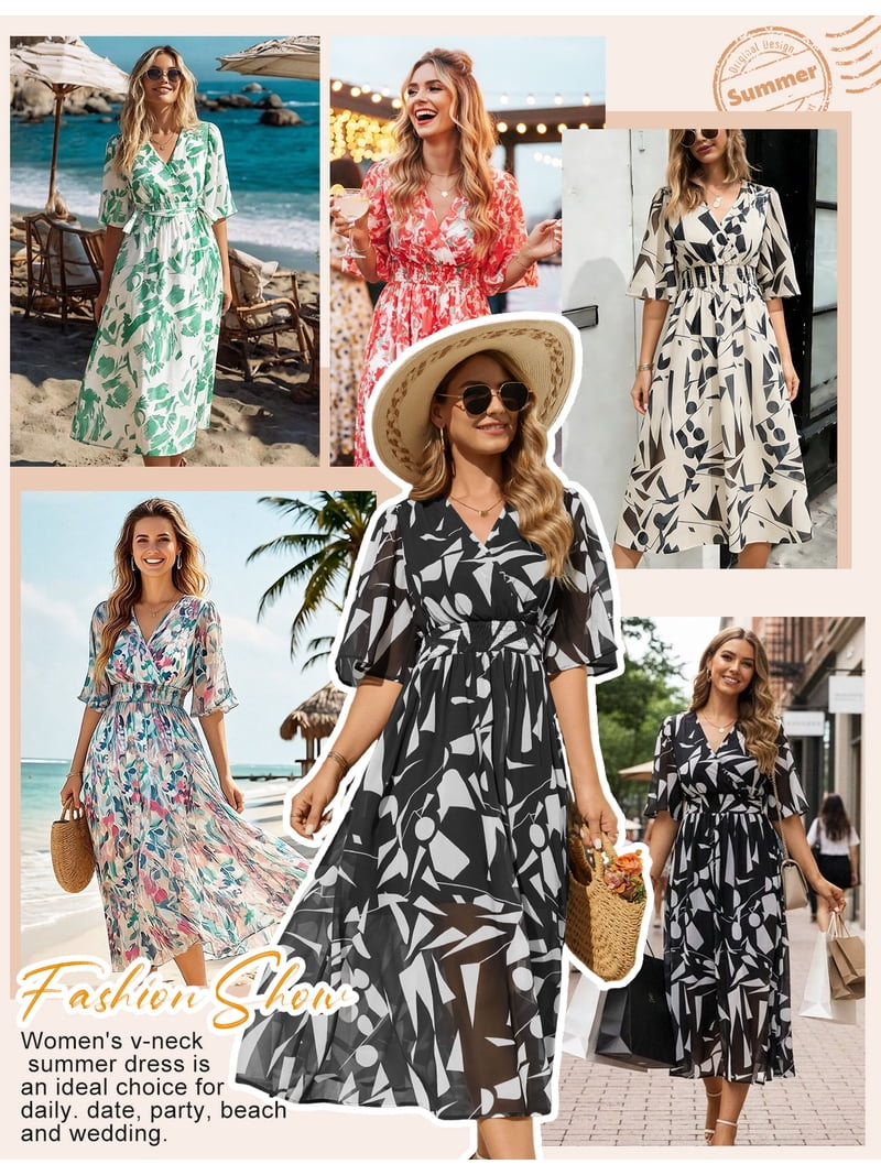 LVWQ Women's Summer Floral Maxi Dress V Neck Short Sleeve Bohemian Flowy Swing Dress for Beach Holiday Wedding
