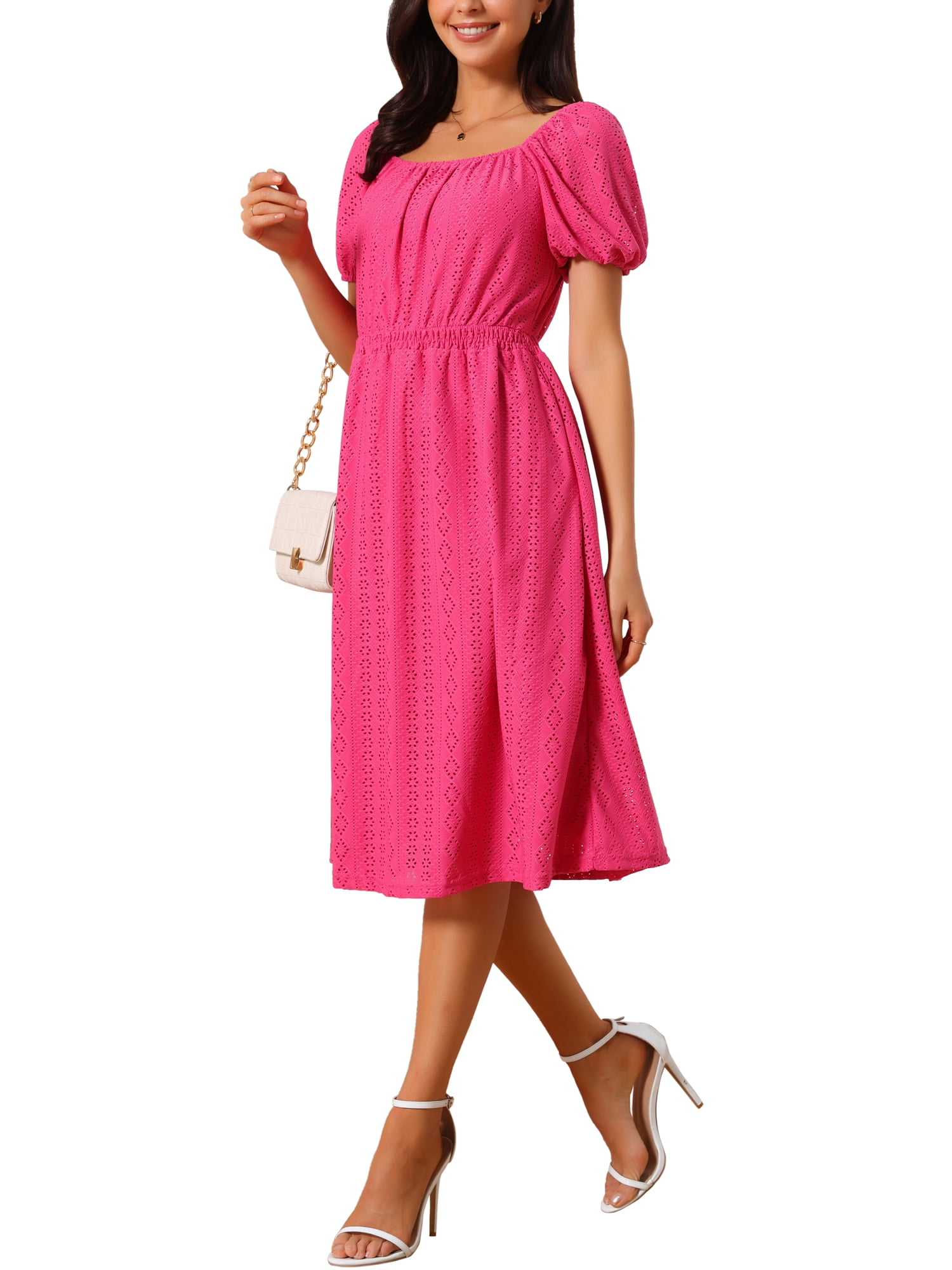 DARING DIVA Eyelet Square Neck Short Sleeve A Line Midi Dress S Hot Pink