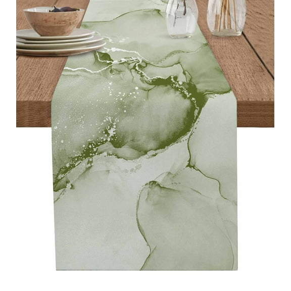 Table Runner Dresser Scarf 13 x 60 Inch Sage Green Abstract Silver Marble Ripples Clouds Luxury Table Runners Non-Slip Heat Resistant Kitchen Dining Table Decor for Indoor Outdoor
