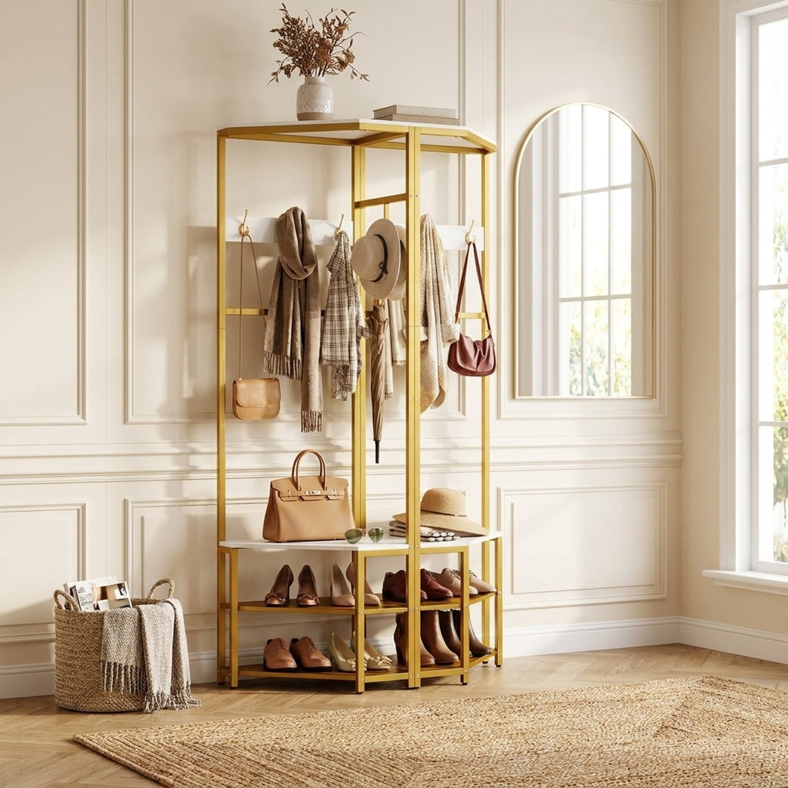 Furnibear Corner Freestanding Hall Tree Coat Rack with Storage Shelves and Removable Hooks for Entryway and Bedroom, White