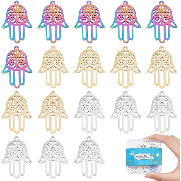 18 piezas de dijes de mano de Hamsa de 3 colores, colgantes de mano hueca de Miriam, mano de Hamsa con dijes de flores, colgantes de acero inoxidable de color dorado y arcoíris.