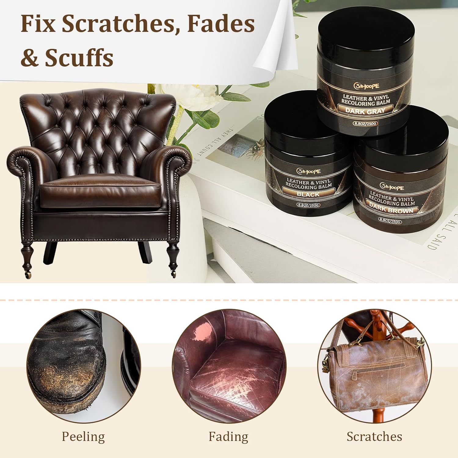 JJEAN-2025 New Advanced Leather Recoloring Balm,Gray Leather Repair Kit for Furniture,Leather Dye Filler,Couch Paint and Repair,Leather Color Restorer for Couches,Leather Scratch Remover for Car Inte