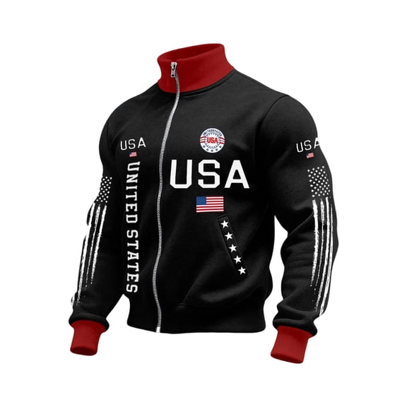 CharmCyan USA United States Full Zip Track Jacket with Printed Lettering and Flag Graphic Stand Collar Long Sleeve Top