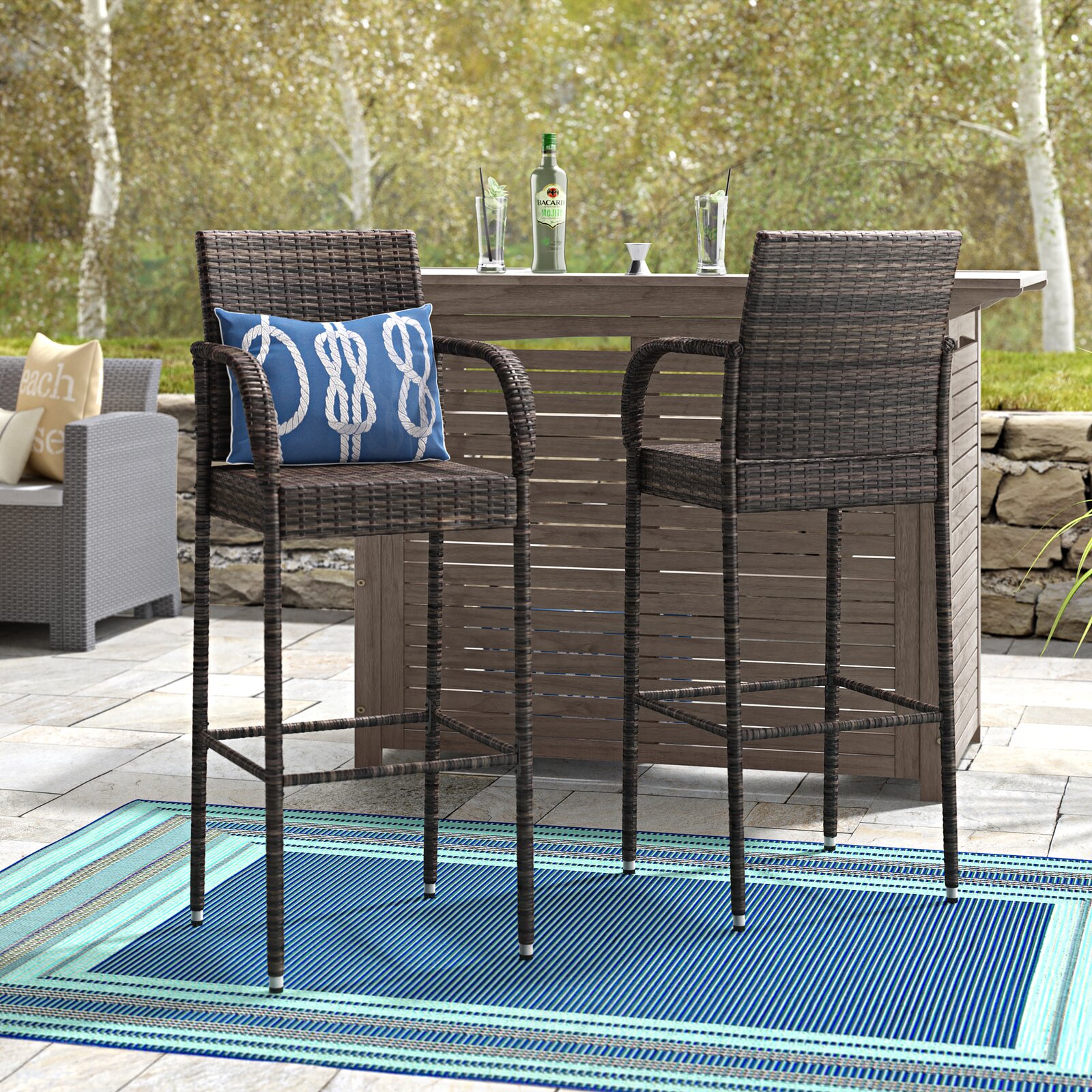 Wicker Bar Stools Set of 2, Upgraded Outdoor Patio Furniture Wicker Bar Stool Chairs, Bar Stool Rattan Chair with Iron Frame, Armrest, Footrest, Counter Chairs for Garden Pool Lawn Backyard, W2105 - image 1 of 11