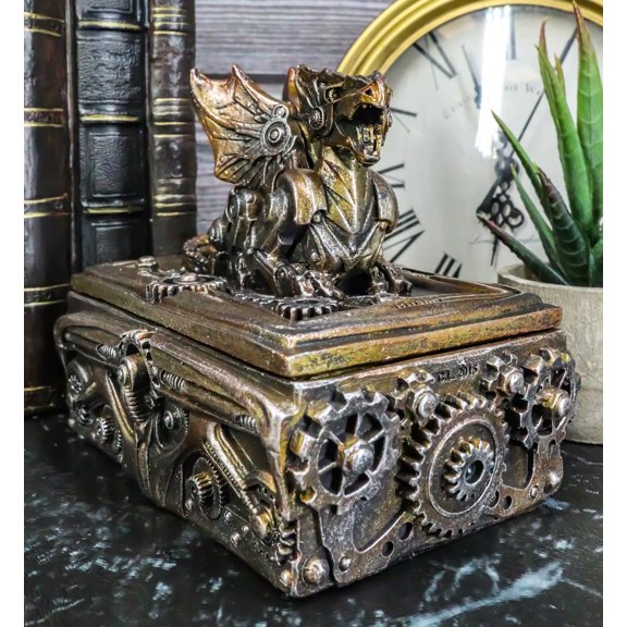 Bronzed Steampunk Cyborg Dragon Jewelry Box Figurine 9.5"L Robotic Serpentine