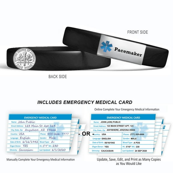 Pre-engraved "PACEMAKER" MedicBand Medical Alert ID Bracelet. Emergency Medical Card, No Obligation 12 month Personal Health Record Membership. Incl. Small, Medium, Large Band