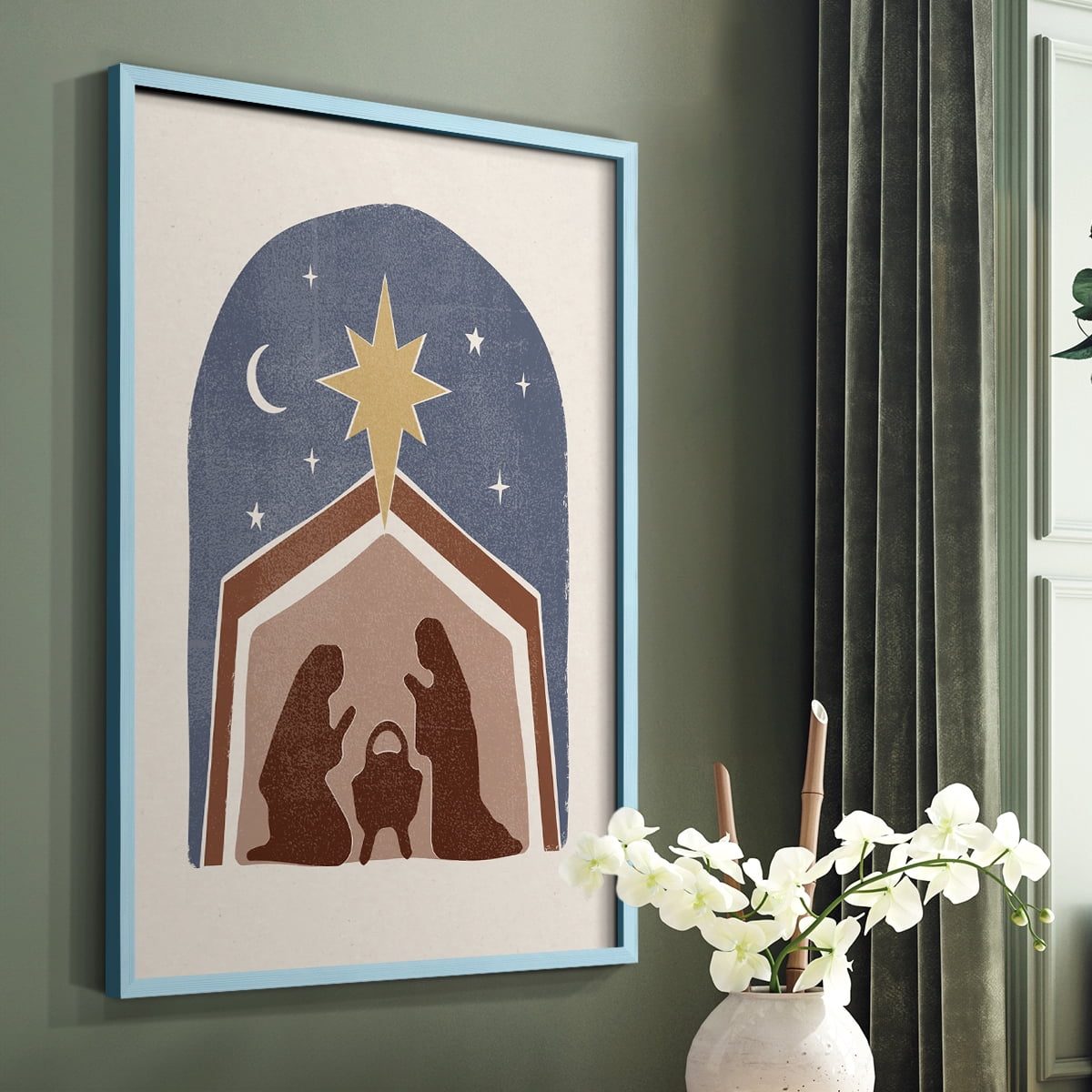 Boho Nativity I Framed Print in Blue Solid Wood Framed Print No Nail Hanging