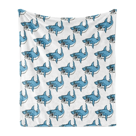 Sea Animals Soft Flannel Fleece Throw Blanket, Fierce Predator Wild Shark Swimming Sharp Teeth Bite Nautical Theme Pattern, Cozy Plush for Indoor and Outdoor Use, 60" x 80", Blue White, by Ambesonne