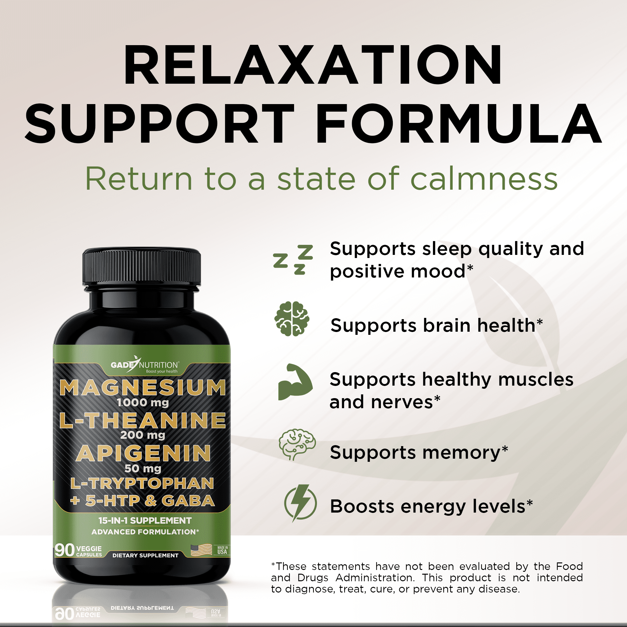 Gade Nutrition Magnesium 1,000 mg with L-Theanine, Apigenin, L-Tryptophan, 5HTP & GABA