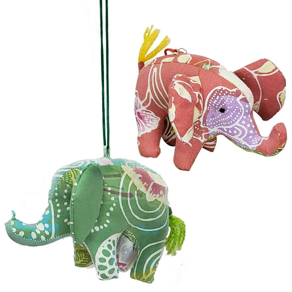 Batik Sarong Fabric Elephant Hanging Figurine Ornament Each Hand Made Using Recycled Batik Fabric, Makes For Great Christmas Tree Holiday Arrangement Décor Set of 2