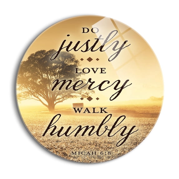 Do Justly Love Mercy Golden Sunlit Tree 24 inch Glass Round Wall Hanging Sign