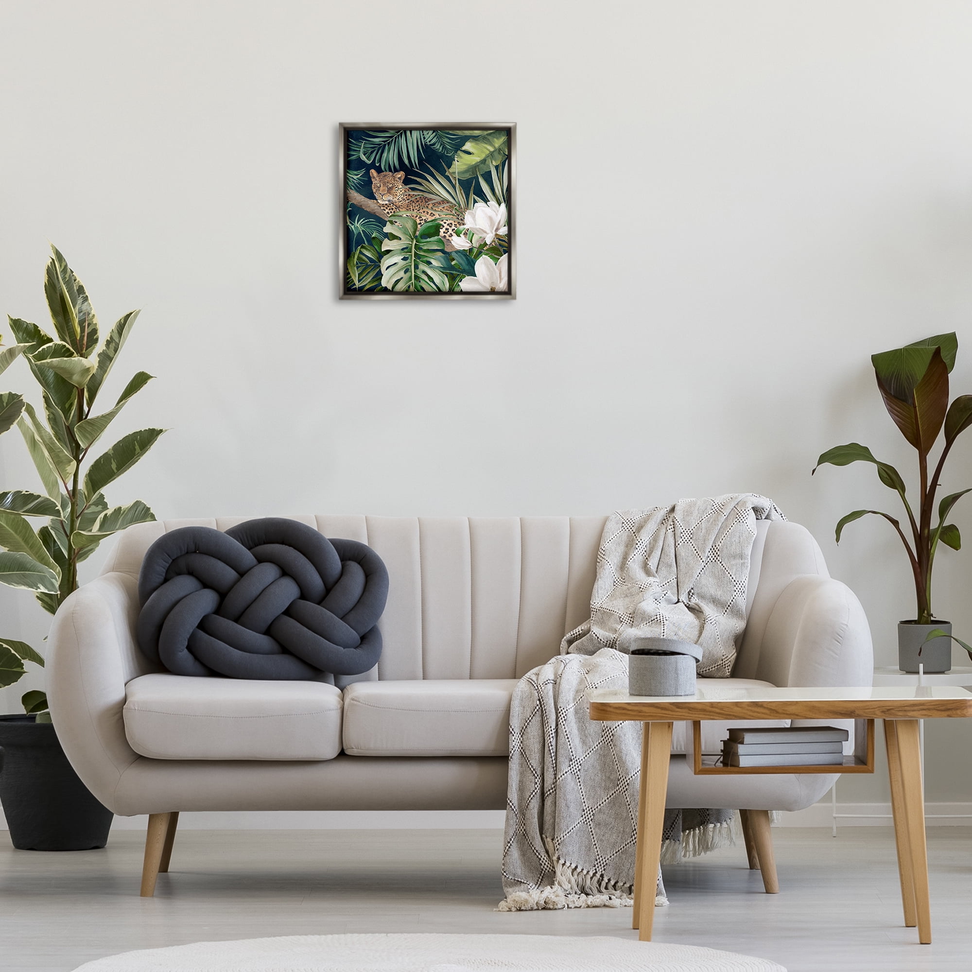 Stupell Industries Tropical Jungle Leopard Animals Painting Gray Floater Framed Canvas Art Print Wall Art, 18 x 18