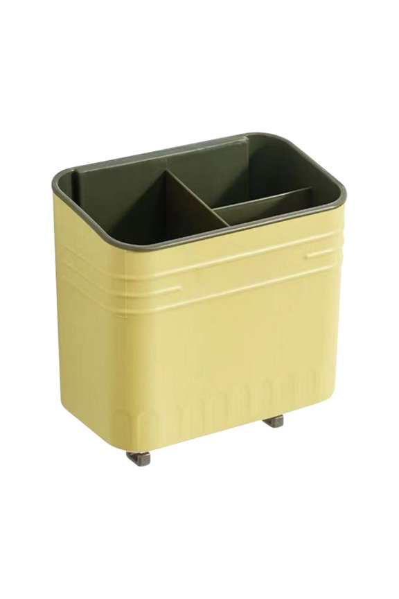 Wall-Mounted Tableware Organizer, Large Capacity Utensil Holders Tableware Storage Box with 3 Compartments, Kitchen Fork Spoon Storage Rack Draining Cage Countertop Tableware Stand, Yellow