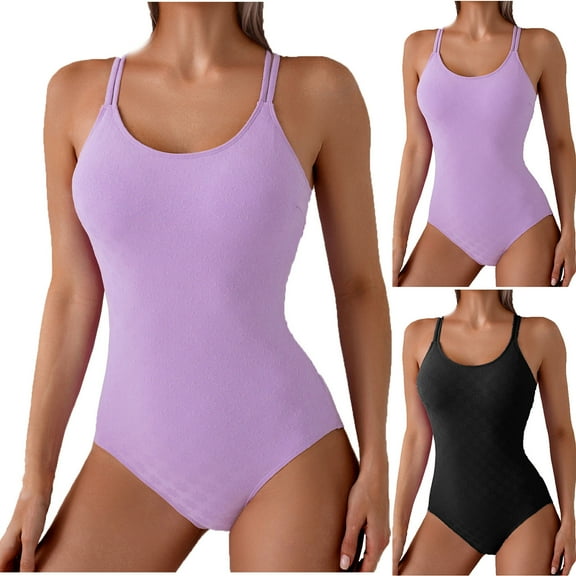 UTSJKR One Piece Swimsuit for Women Scoop Neck Swimwear Textured Double Straps Bathing Suit Sexy Backless Strap Bikini Swimsuit Purple M