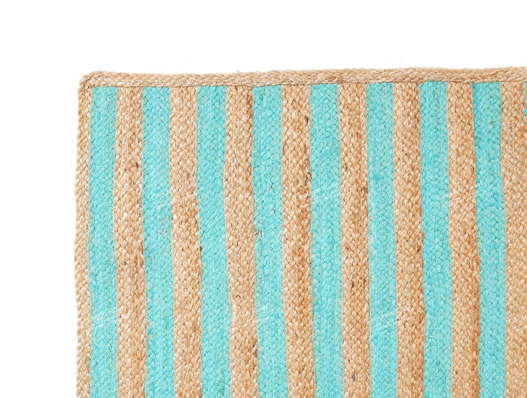 Rectangle Rug Natural Jute Rug Hand Braided Beige and Turquoise Color Area Rug