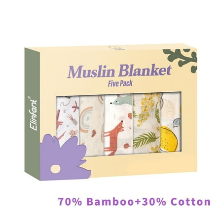 Elinfant 5pcs Gift Set Bamboo Cotton Muslin Bib Burp Cloth 100% Cotton 60*60cm 2 Layers Baby Scarf Handkerchief 60X60cm KB010-Wheat