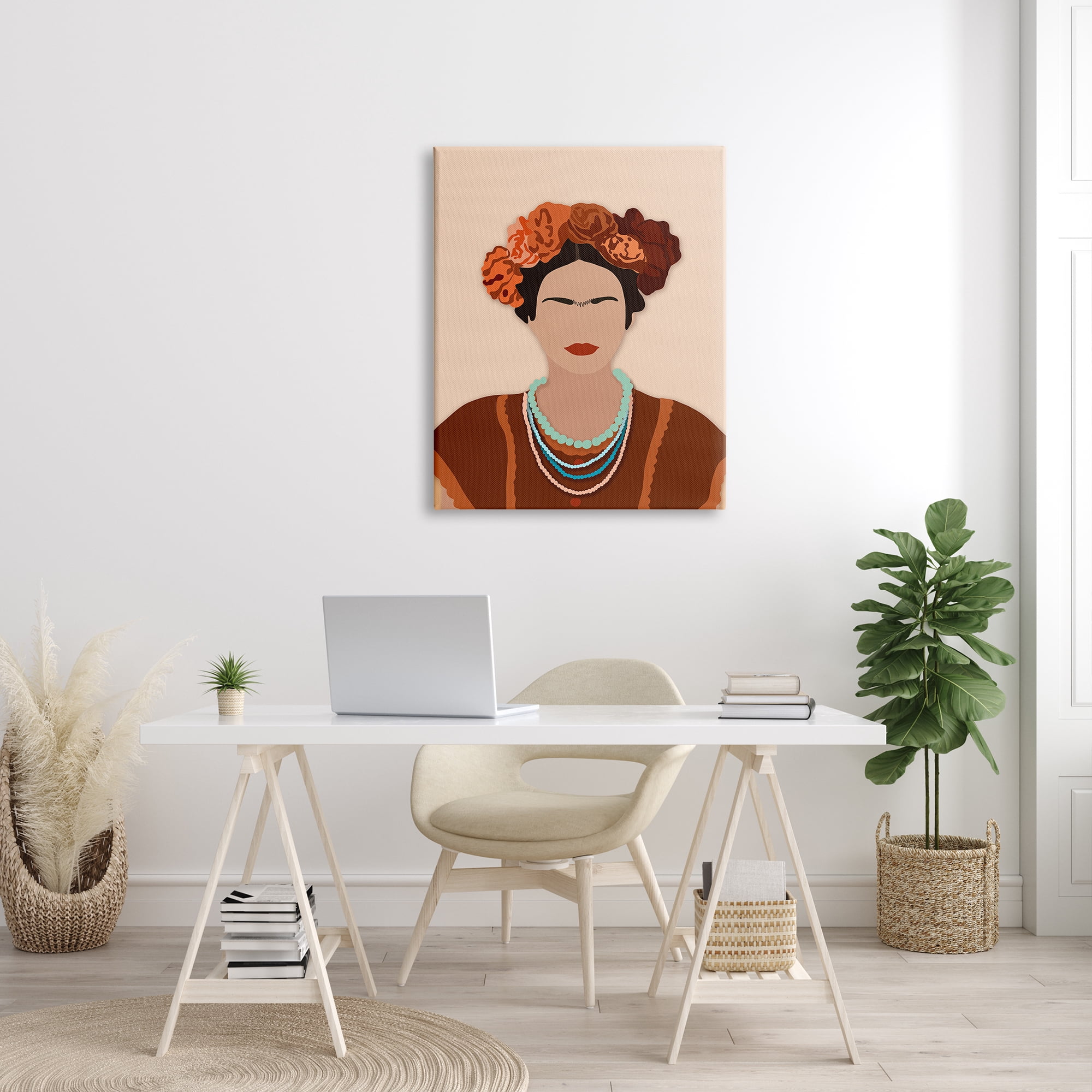 Stupell Industries Frida Artist Portrait Orange Floral Blue Bead Necklace, 30 x 40, Designed by Ros Ruseva